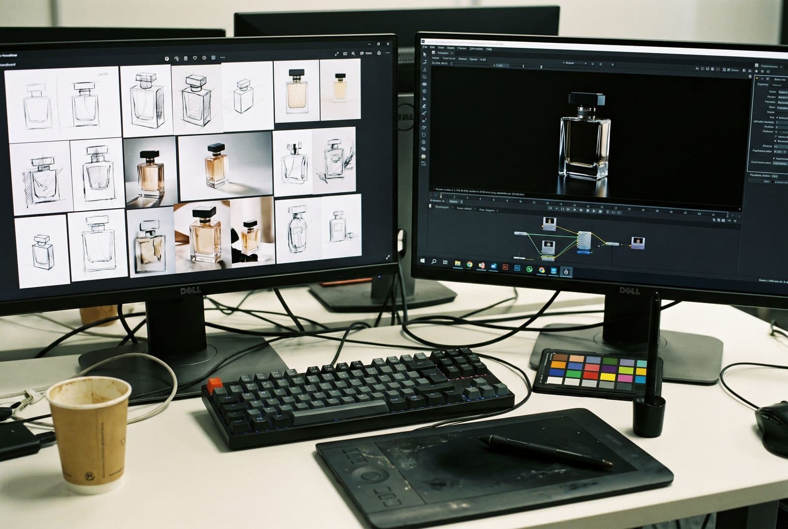 Dois ecrãs lado a lado numa secretária de estúdio: à esquerda uma grelha de explorações de um frasco, à direita o render 3D acabado do mesmo frasco num software de produção