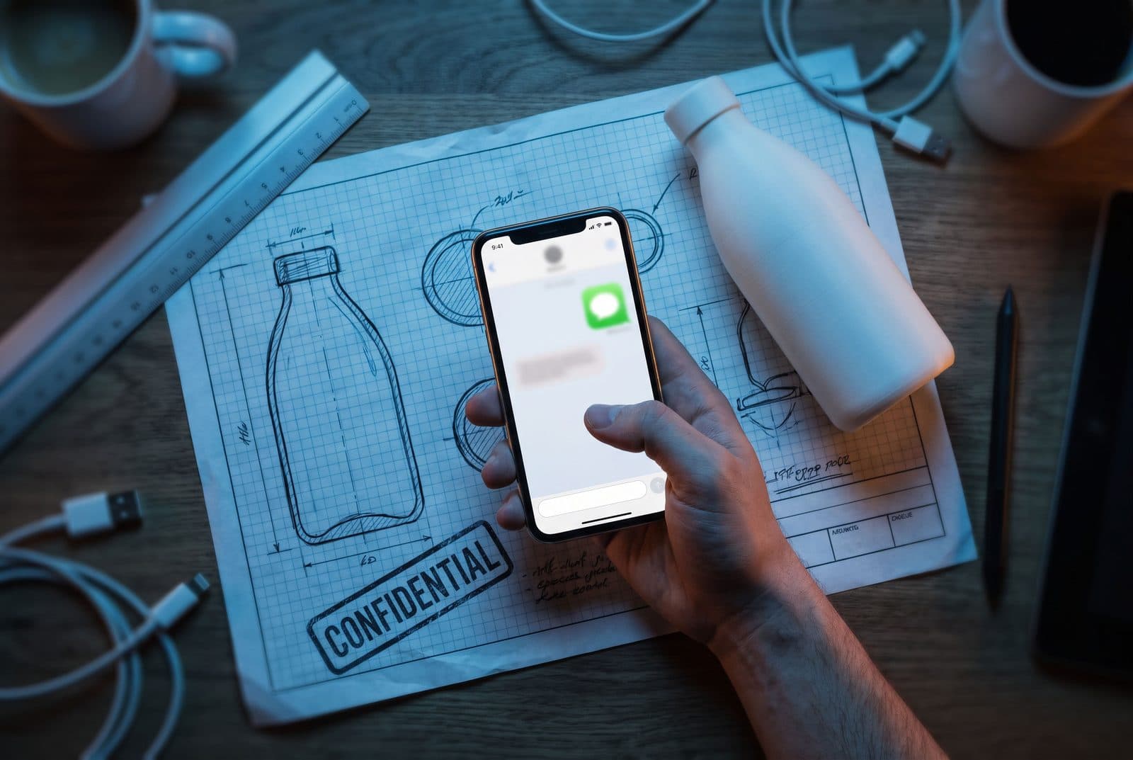 Uma fotografia de produto que se desfaz em partículas luminosas atraídas para um ecrã numa sala escura, metáfora de um ficheiro que escapa ao controlo