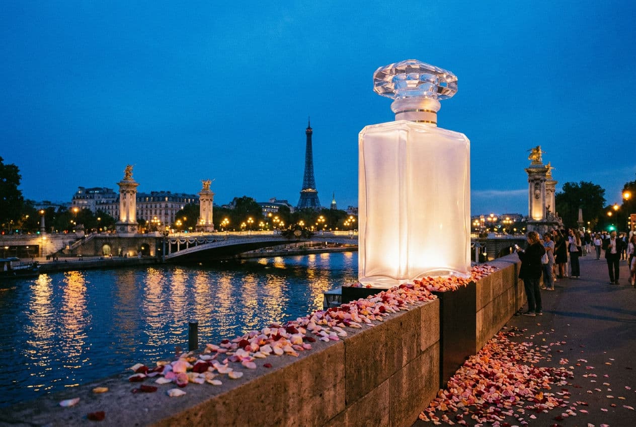 A giant CGI perfume bottle resting on a Parisian bridge at dusk, Tour Eiffel in the background