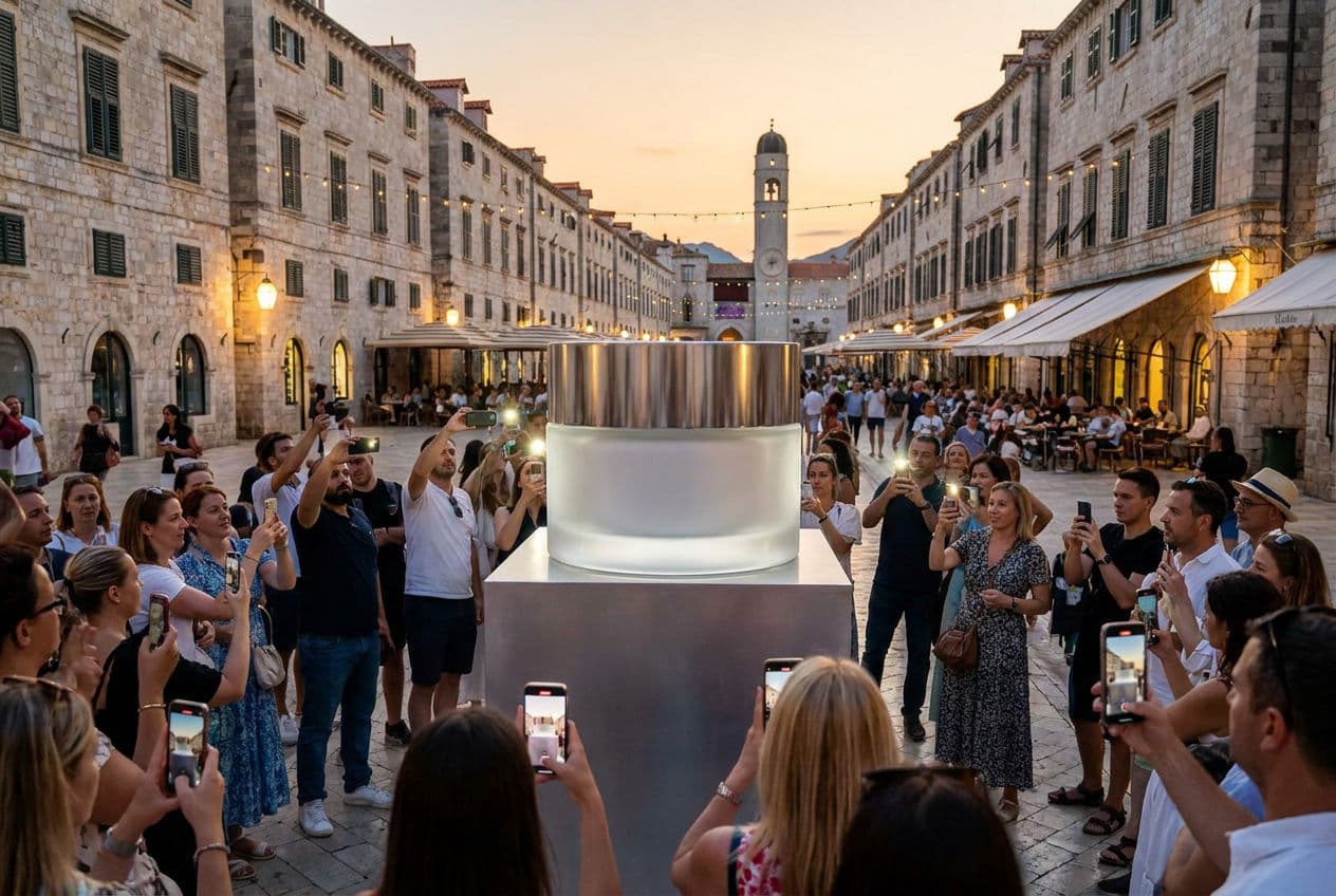 A crowd films a giant product installed on a square with their smartphones, illustrating the virality of a FOOH