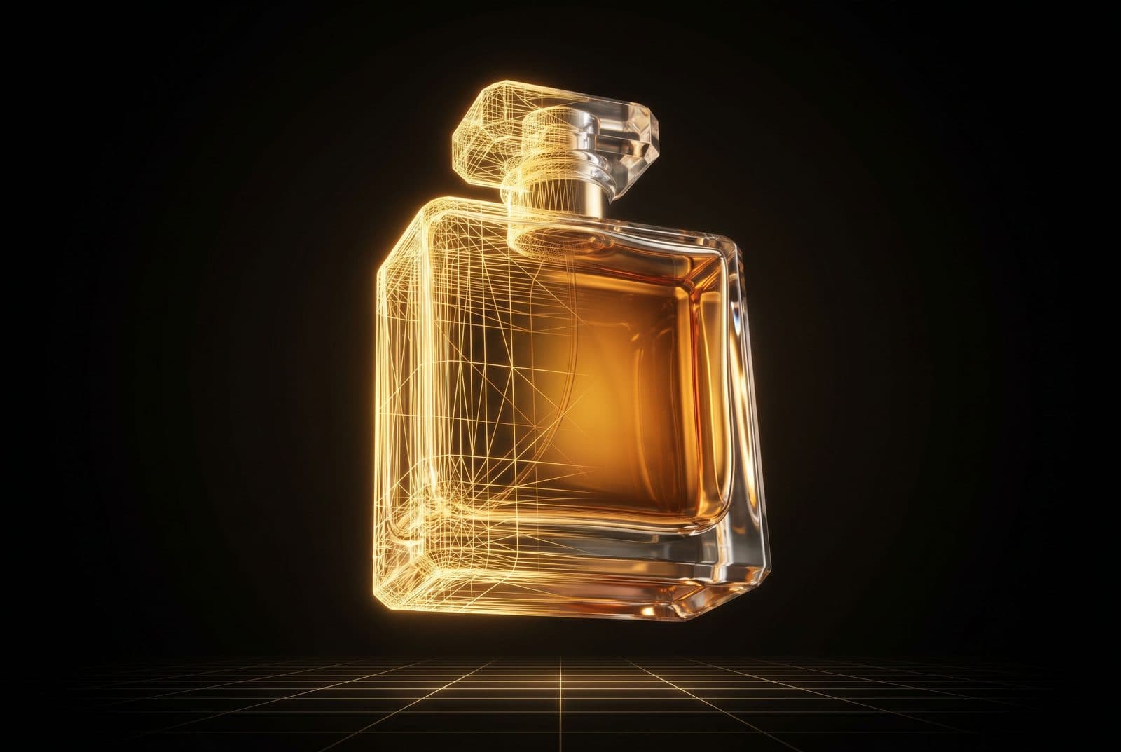 Frasco mostrado mitad en malla 3D de alambre dorada, mitad en render fotorrealista final, ilustrando el paso del modelo a la imagen