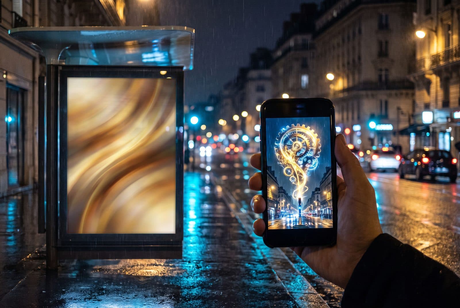 Un abribus publicitaire réel dans une rue parisienne, éclairé la nuit, face à un smartphone qui affiche une vidéo verticale