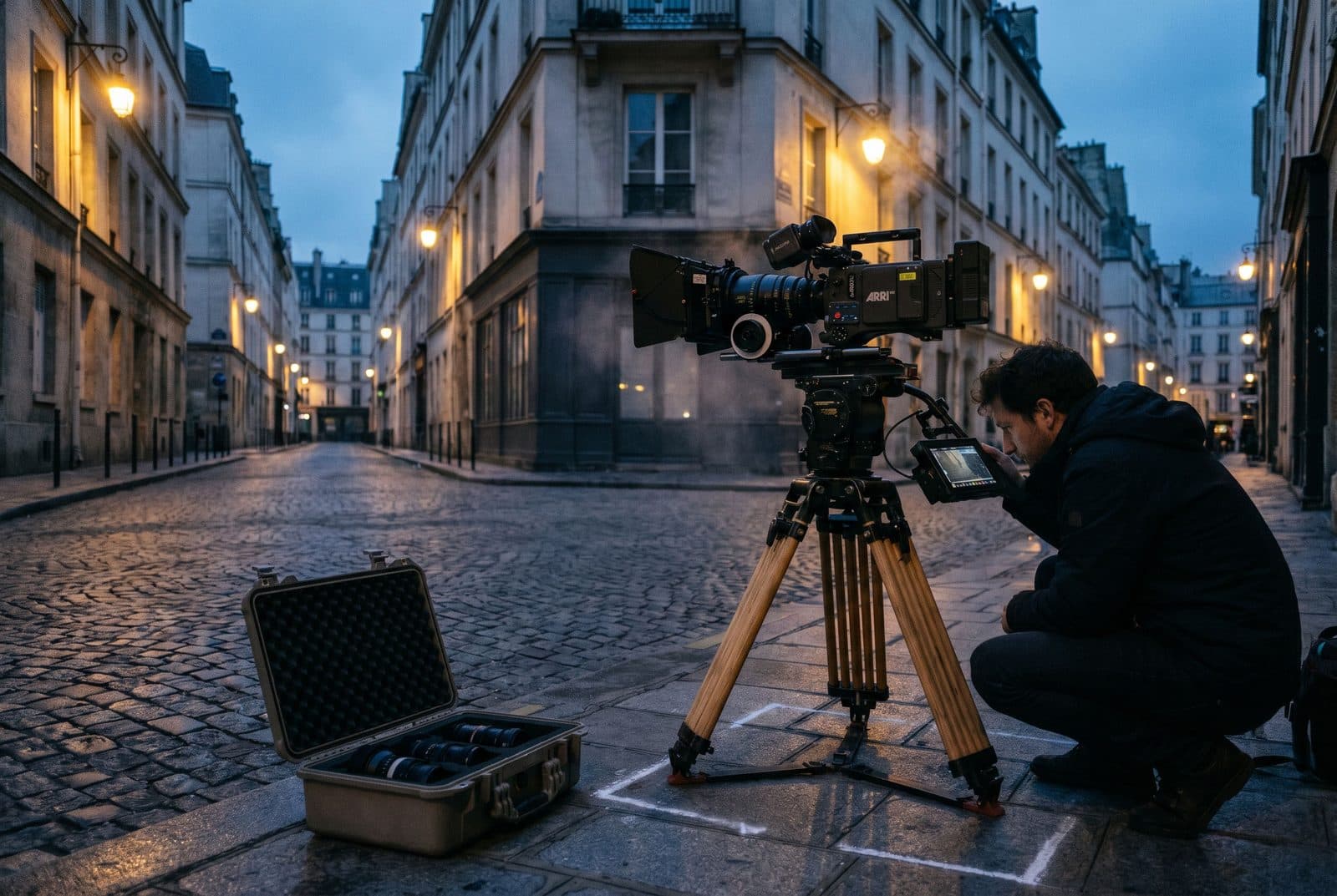 Un opérateur filme une façade urbaine avec une caméra cinéma sur trépied, captation du plan réel (la plaque) qui servira de base au FOOH