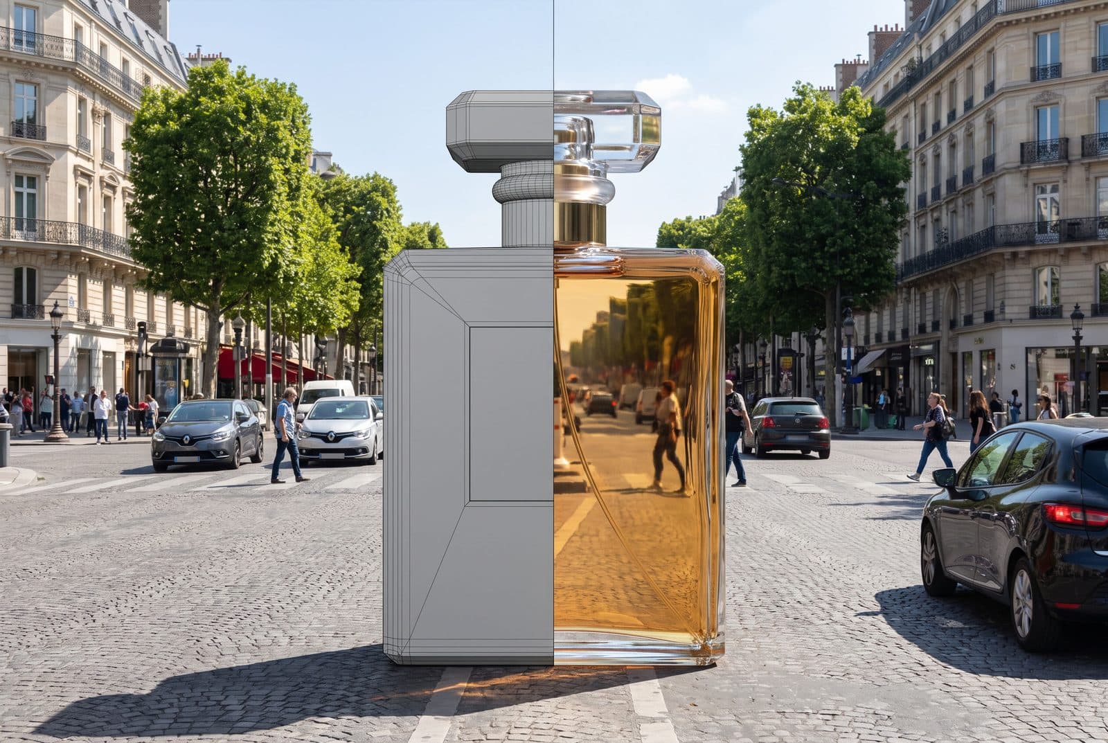 Un objet géant en ville montré moitié en wireframe 3D, moitié en rendu photoréaliste final, illustrant la chaîne de production CGI